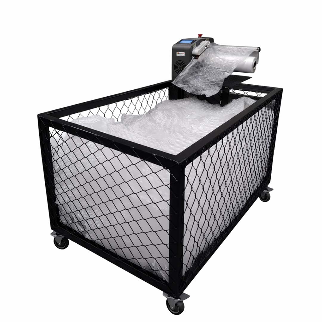 Máquina de almofada de ar Air Shield acoplada ao cesto coletor opcional cheio de almofadas infladas
