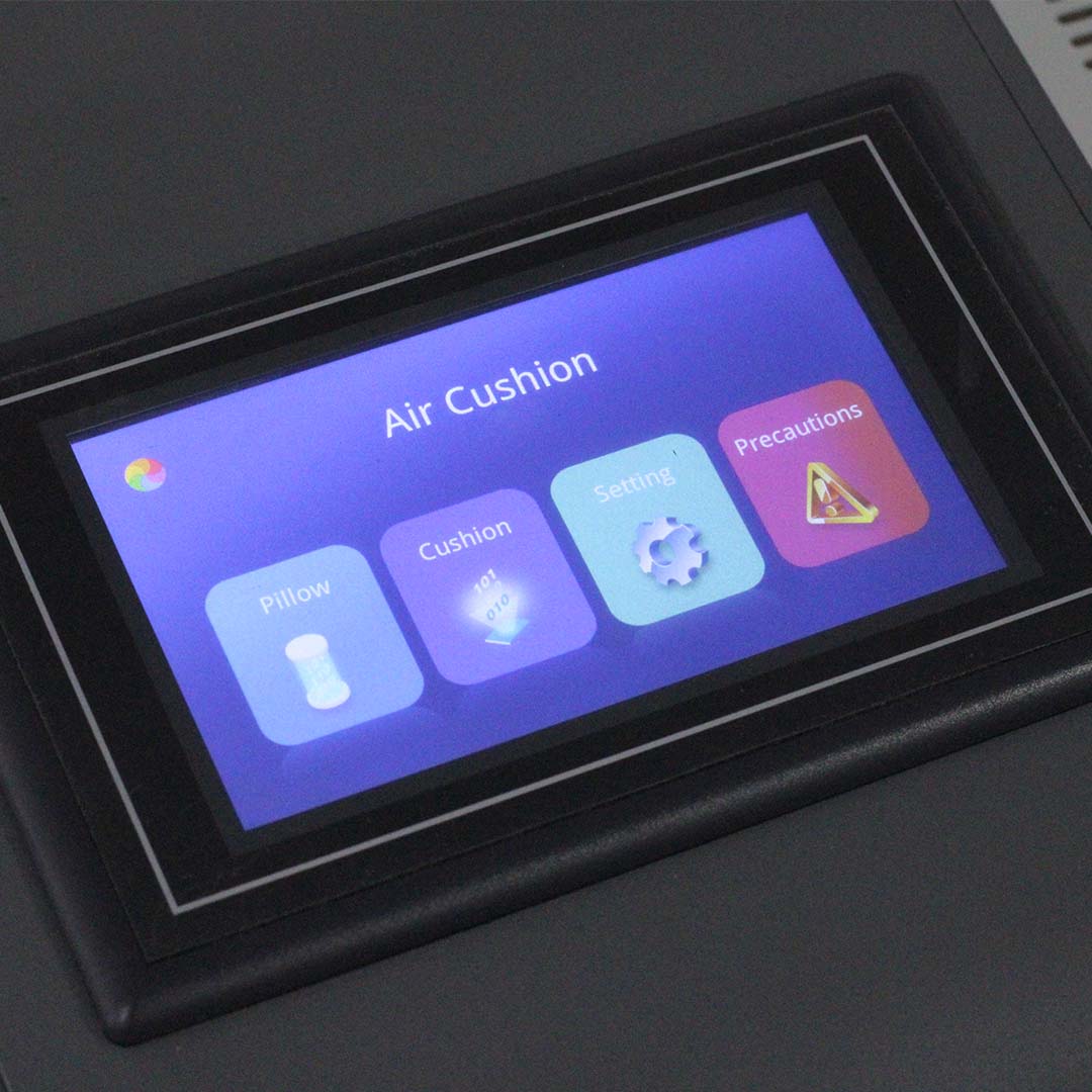 Painel touch screen da SPY-28 com menu Air Cushion, almofada, colmeia e ajustes